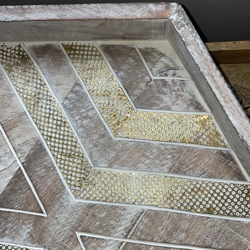 Unique Octagonal Distressed Natural Wooden Tray with Gold Accents 🌟NWT! - Picture 7 of 16